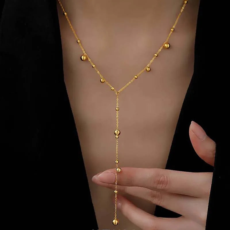 FASHION GOLD COLOR BALL BEAD LONG TASSEL PENDANT NECKLACE FOR WOMEN