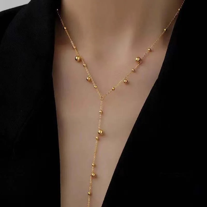 FASHION GOLD COLOR BALL BEAD LONG TASSEL PENDANT NECKLACE FOR WOMEN